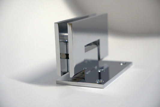 Heavy-duty chrome hinge from Best Glass Parts for wall-to-glass installations with off plate design