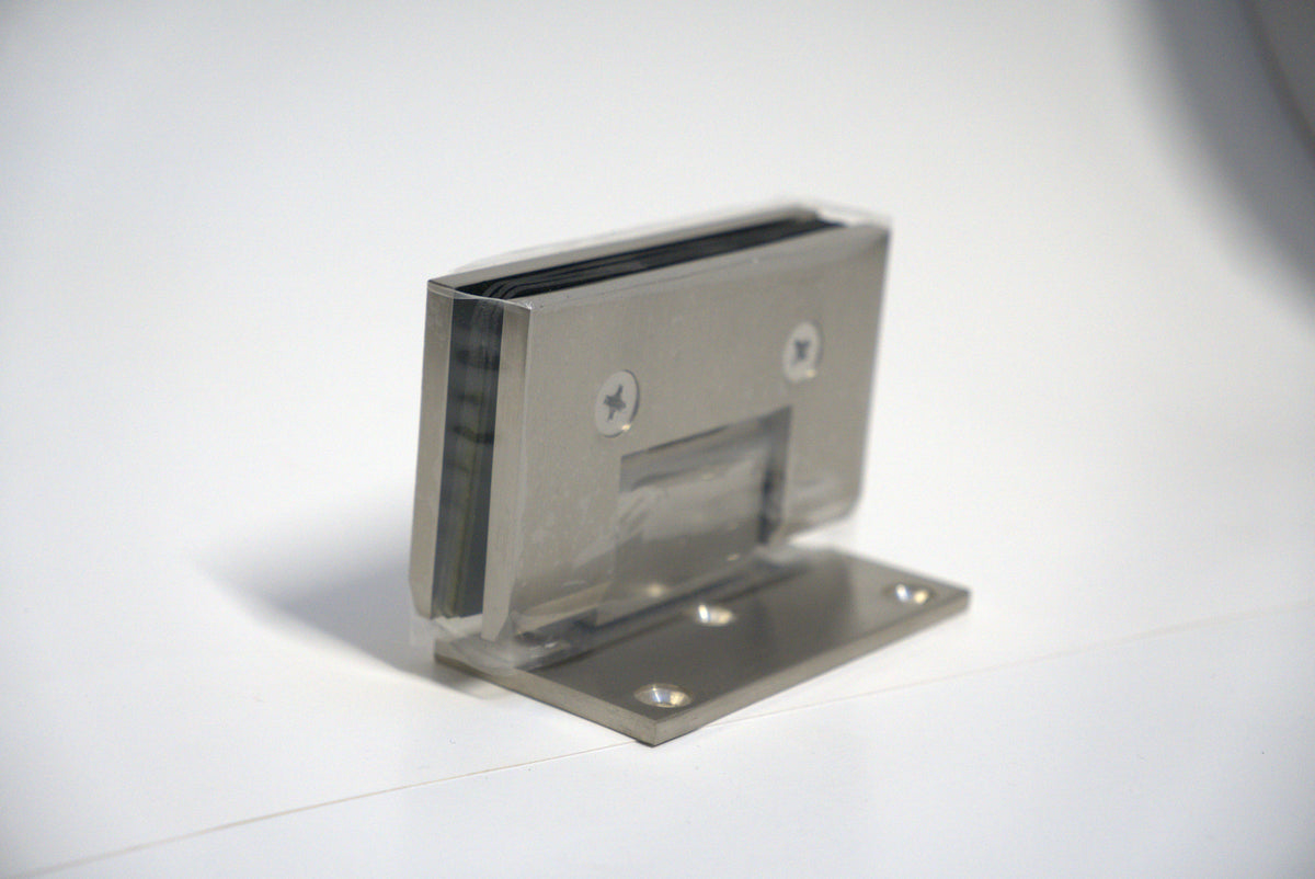 Heavy duty chrome hinge with off plate for wall-to-glass installation by Best Glass Parts, suitable for glass doors.