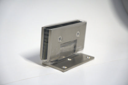 Heavy duty chrome hinge with off plate for wall-to-glass installation by Best Glass Parts, suitable for glass doors.