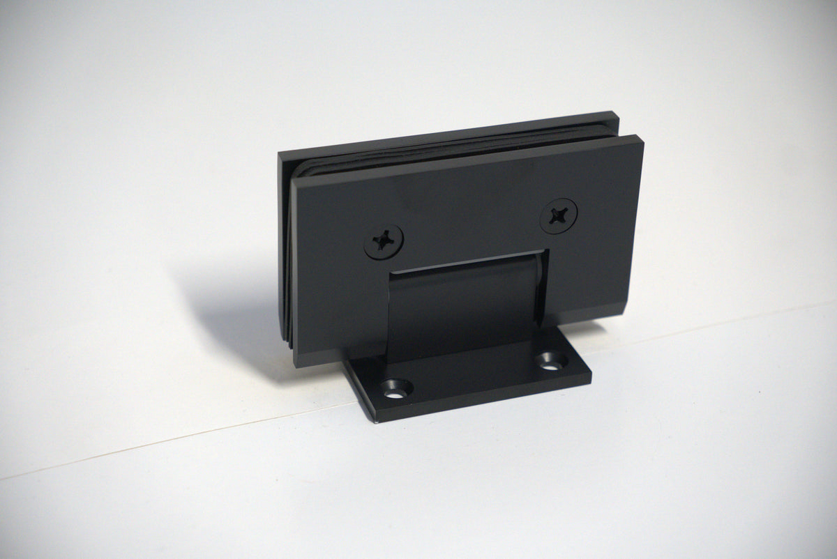 Heavy-duty VEN wall-to-glass S plate hinge by Best Glass Parts, showing the sturdy metal hinge mounted on a glass panel.