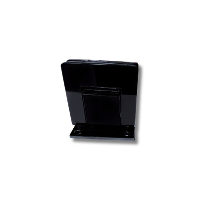 Heavy duty black wall-to-glass hinge with soft-close mechanism, designed for glass shower doors or partitions by Best Glass Parts.