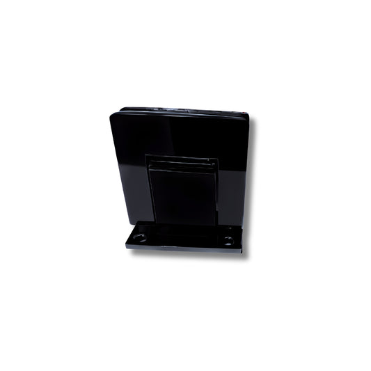 Heavy duty black wall-to-glass hinge with soft-close mechanism, designed for glass shower doors or partitions by Best Glass Parts.