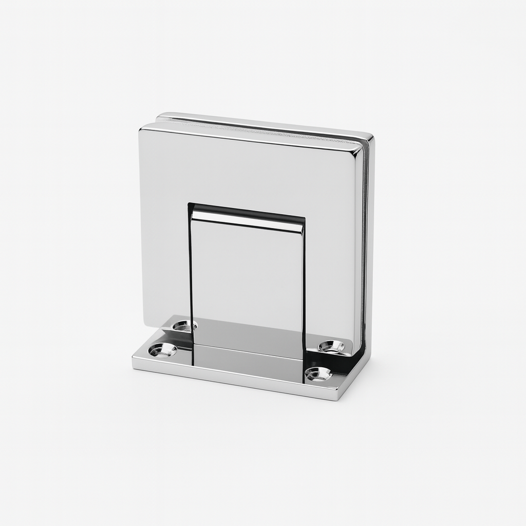 Heavy duty wall to glass hinge with soft close by Best Glass Parts, showcasing its durable metal construction and smooth closing mechanism.