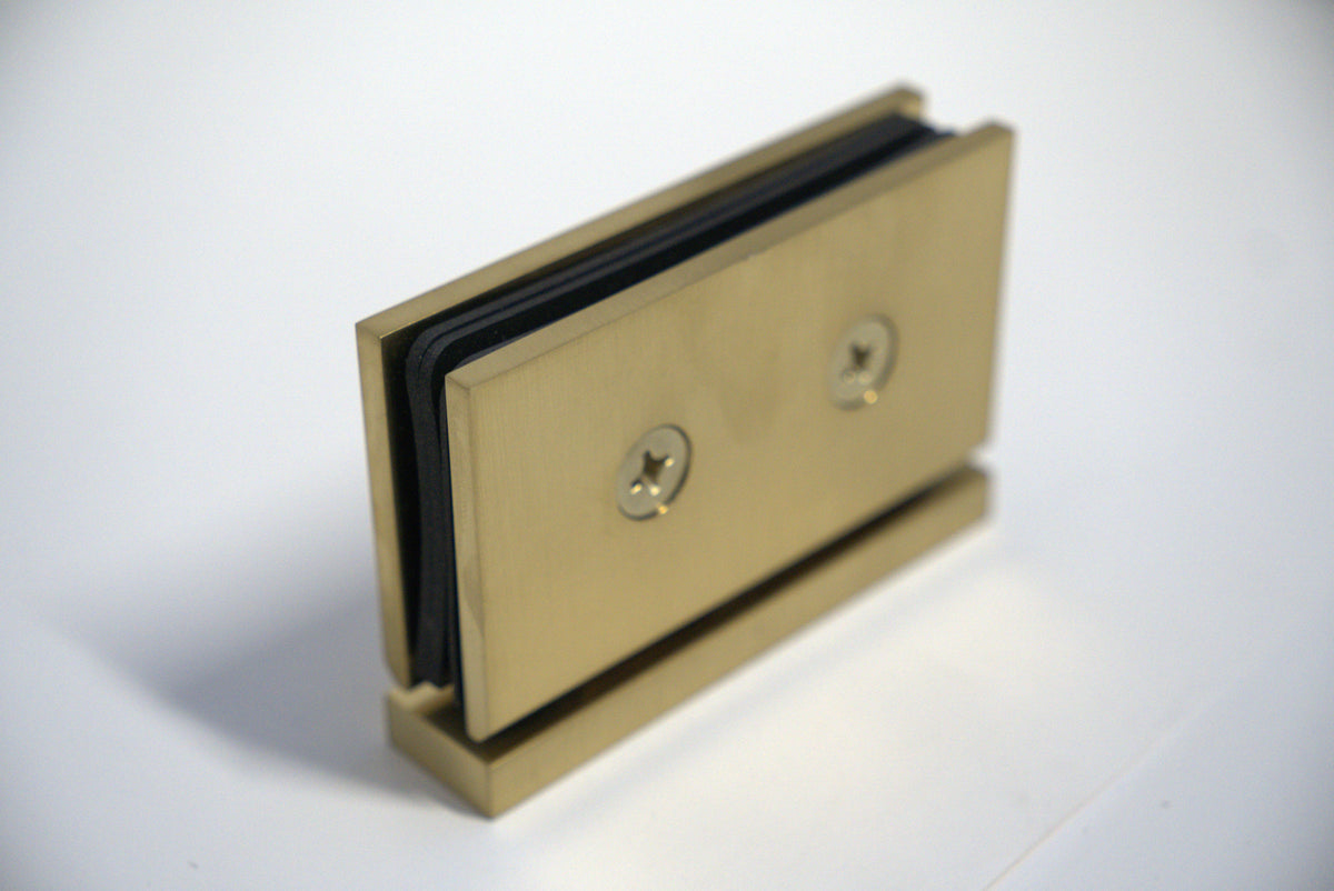 Geneva hinge pivot for glass, top and bottom, with curved design, installed on glass panels, by Best Glass Parts