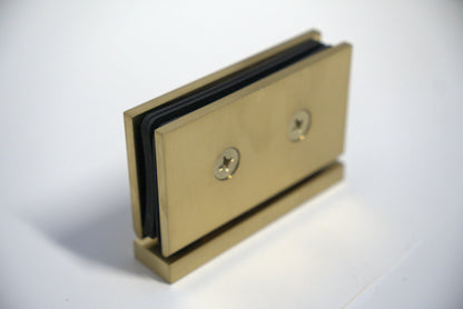 Geneva hinge pivot for glass, top and bottom, with curved design, installed on glass panels, by Best Glass Parts