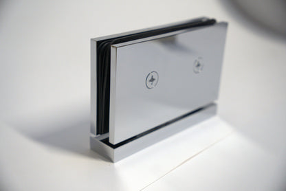 Heavy-duty hinge pivot for glass doors, top and bottom, by Best Glass Parts, featuring a curved design for secure glass mounting.