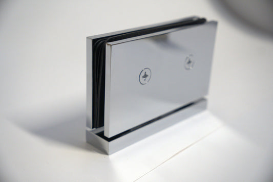 Heavy-duty hinge pivot for glass doors, top and bottom, by Best Glass Parts, featuring a curved design for secure glass mounting.