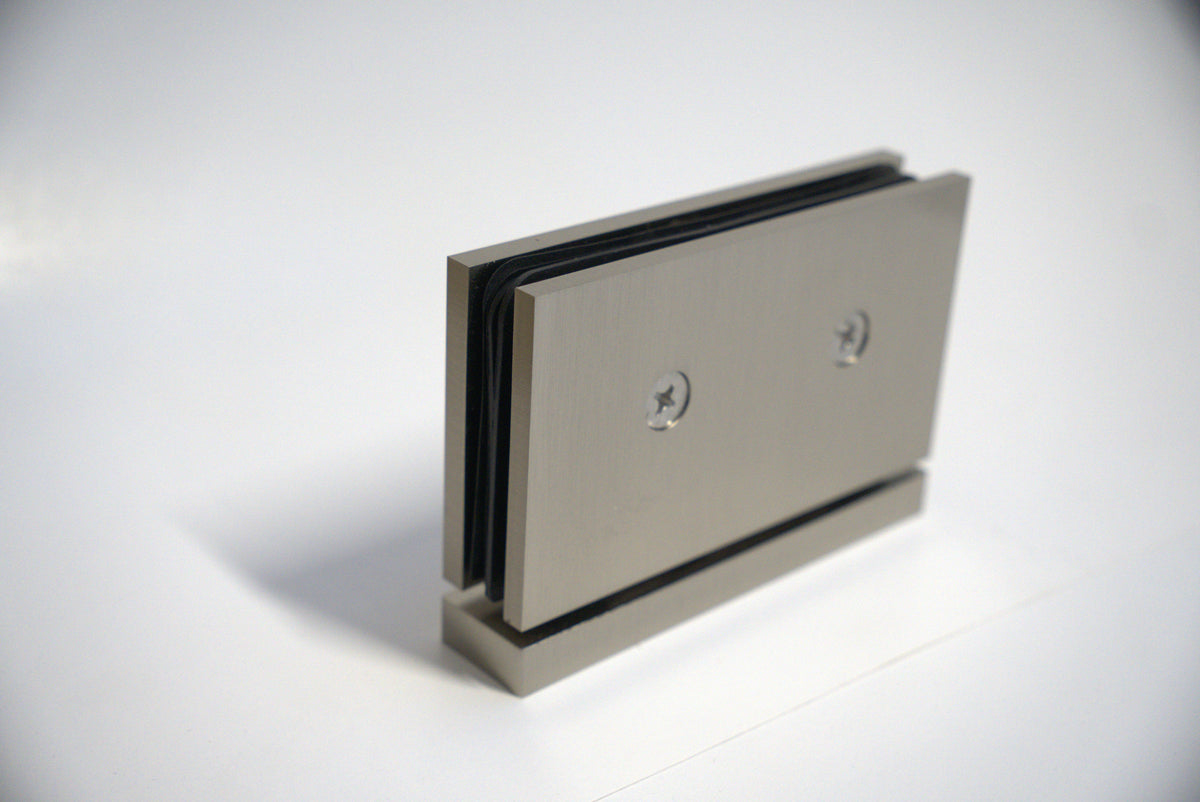 Heavy-duty hinge pivot for glass, top and bottom, by Best Glass Parts, showing curved metal components suitable for glass doors.