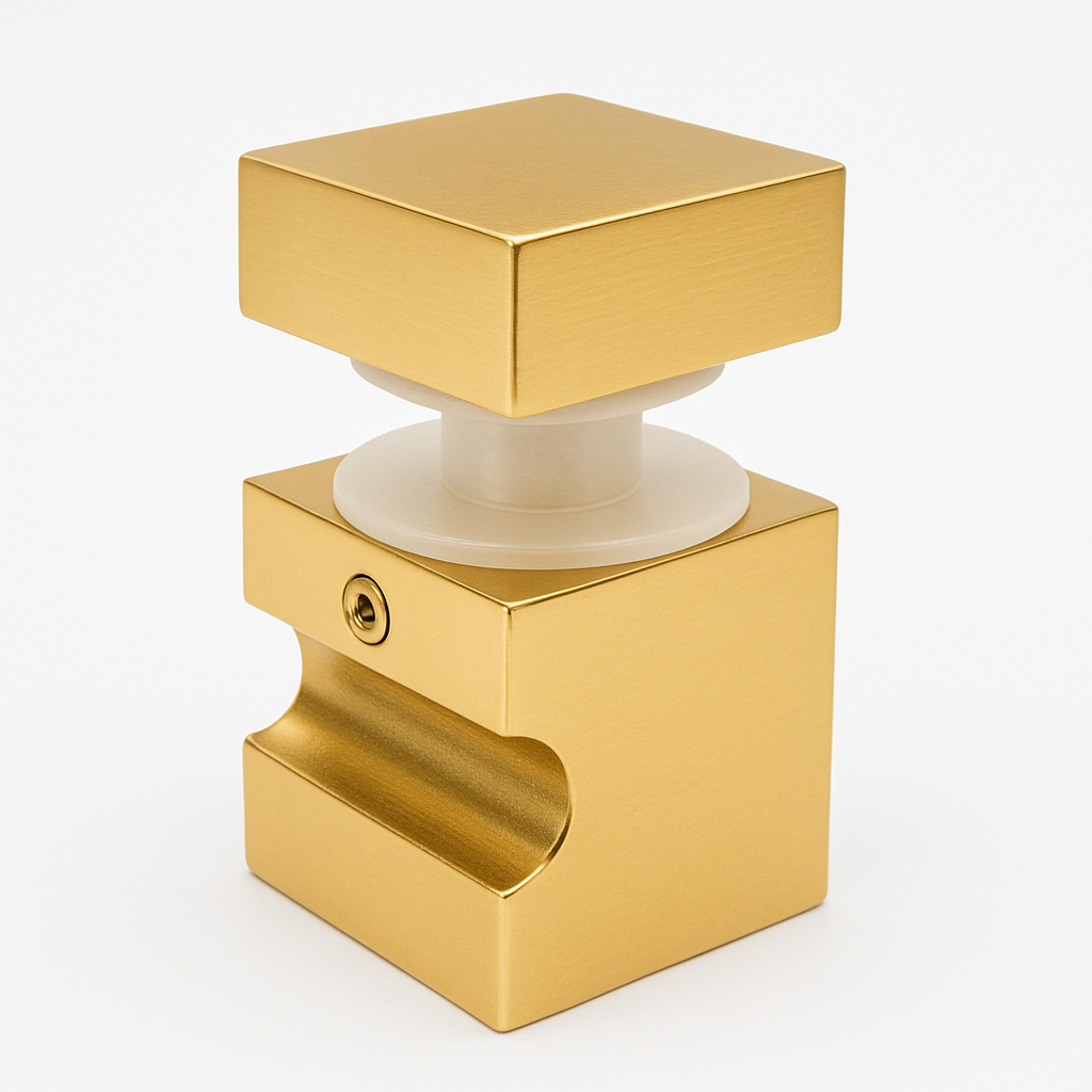 Square glass knob by Best Glass Parts showing clear, polished surface with a metallic mounting base for cabinet or drawer use.