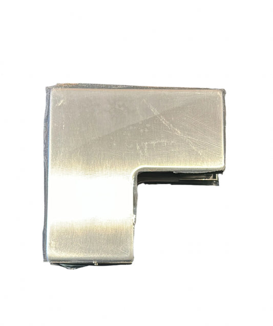 L shape glass connector without door stop from Best Glass Parts, displaying a sleek metal fitting for glass panel assembly.