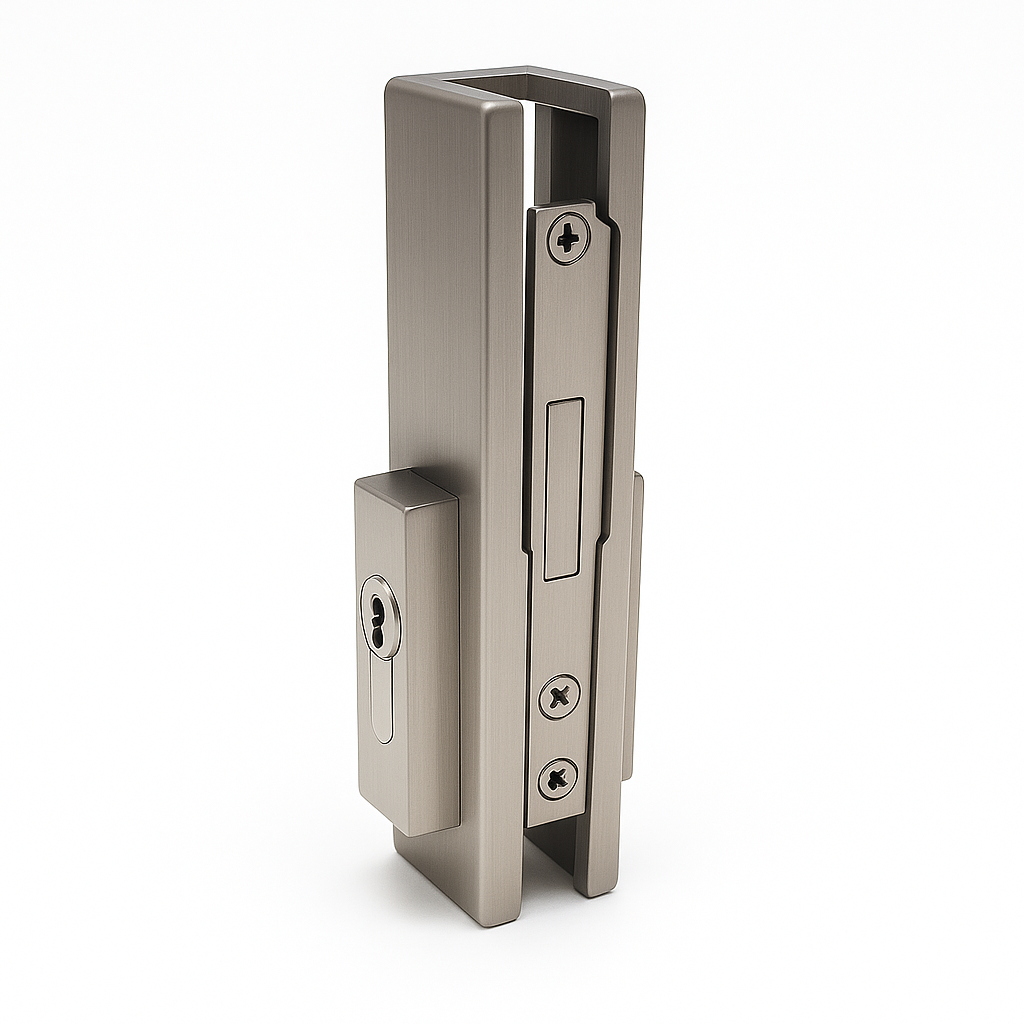Patch Series Lock from Best Glass Parts, silver metal lock with key for securing glass panels or doors.