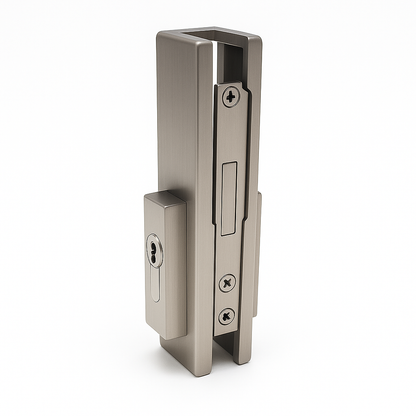 Patch Series Lock from Best Glass Parts, silver metal lock with key for securing glass panels or doors.