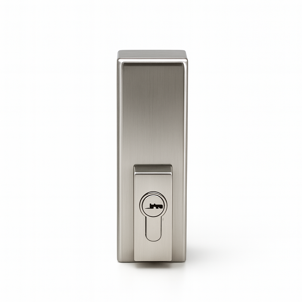 Close-up of Best Glass Parts Patch Series Lock showing its sturdy metal construction and locking mechanism.