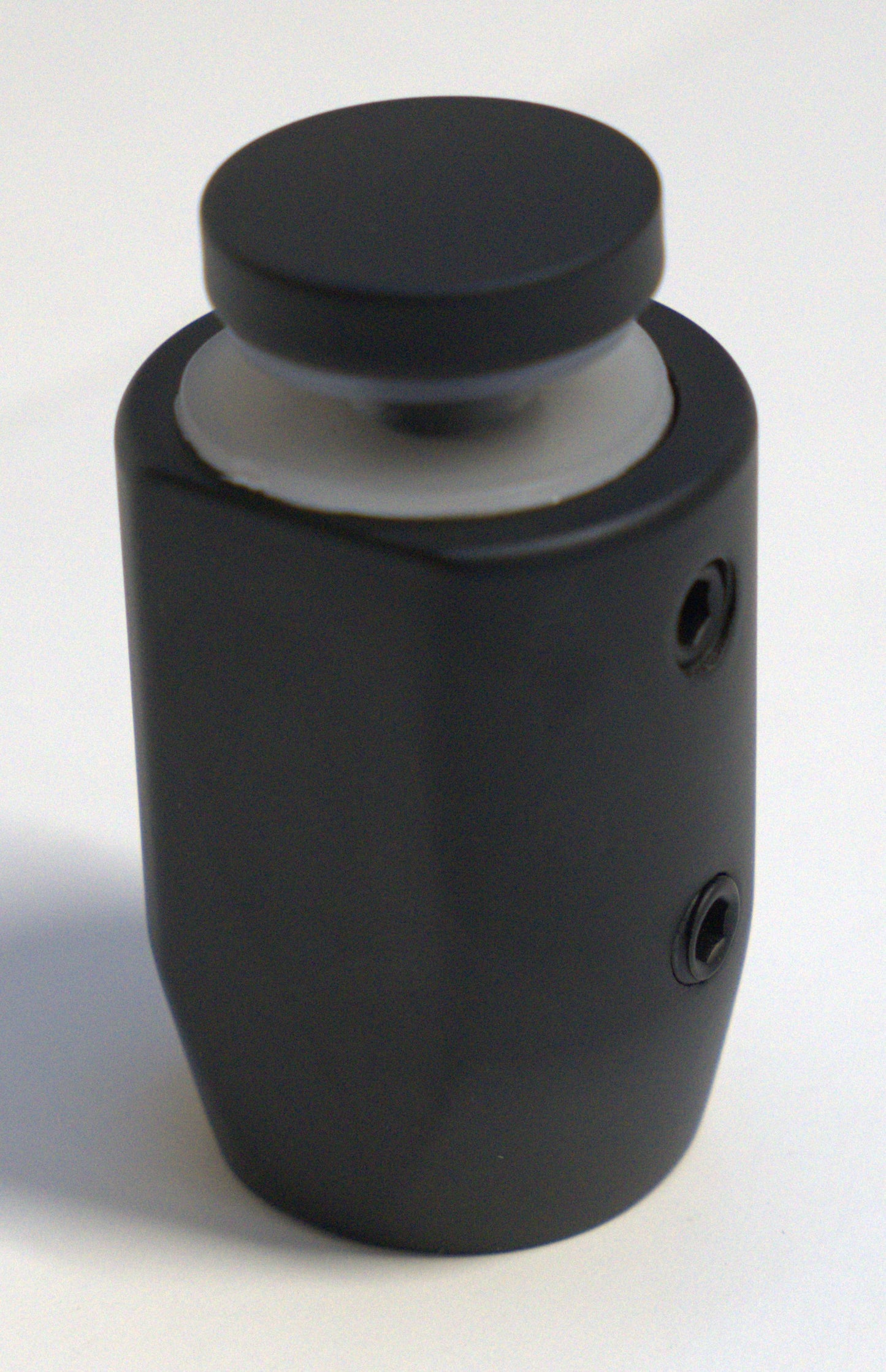 Black round roller return panel clamp from Best Glass Parts, showing its sleek, circular design for glass panel installation.