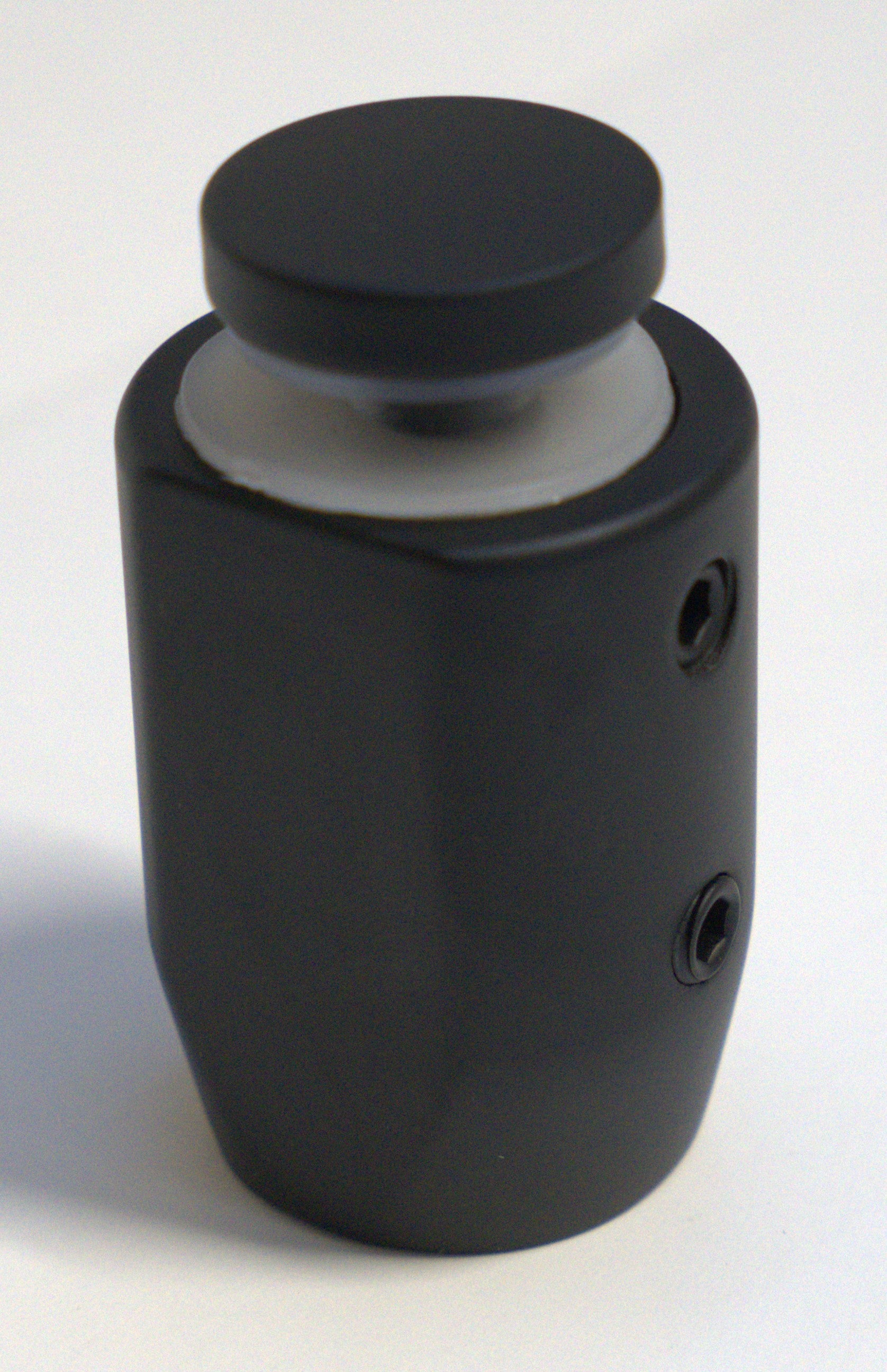 Black round roller return panel clamp from Best Glass Parts, showing its sleek, circular design for glass panel installation.