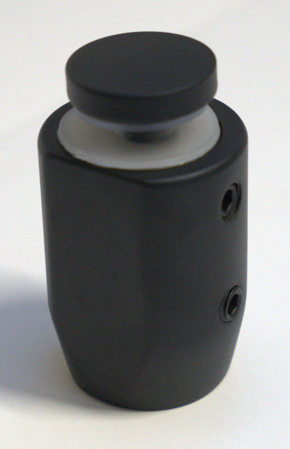 Black round roller return panel clamp from Best Glass Parts, showing its sleek, circular design for glass panel installation.