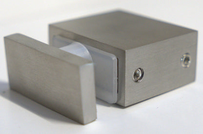 Best Glass Parts roller return panel clamp SQ, metal hardware for secure glass panel installation, close-up of clamp with roller mechanism