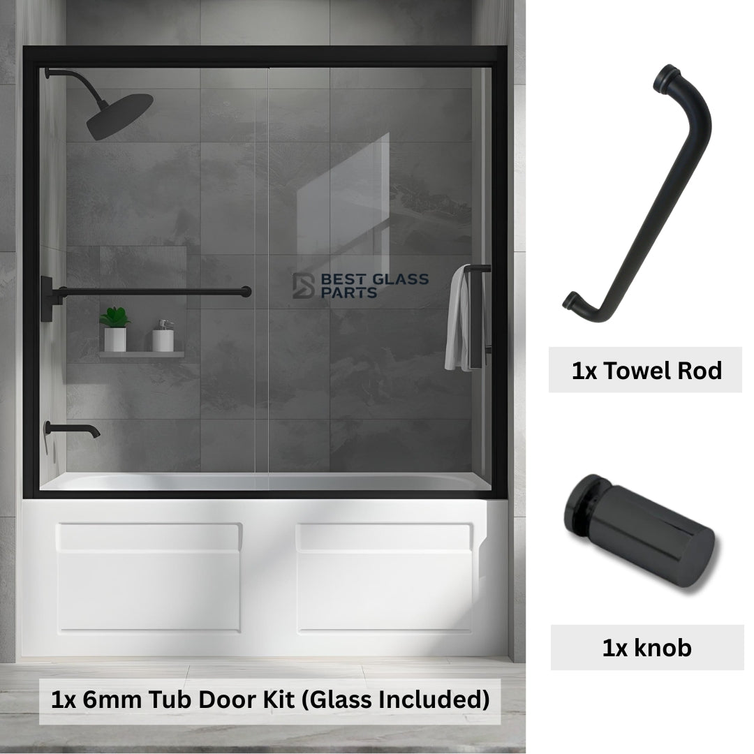 6mm glass tub door kit with black hardware, including full set of round black fittings for a modern bathroom shower enclosure.