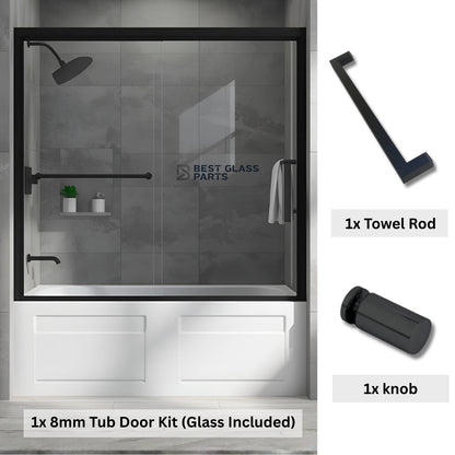 6mm glass tub door kit with square black frame from Best Glass Parts, featuring a sleek glass panel for modern bathroom showers.