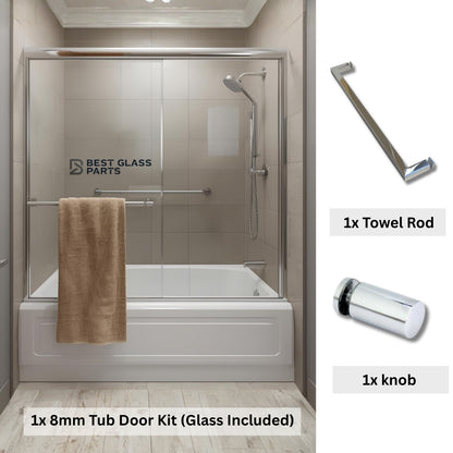 Square chrome 6mm glass tub door kit by Best Glass Parts, includes all components for a complete shower enclosure.