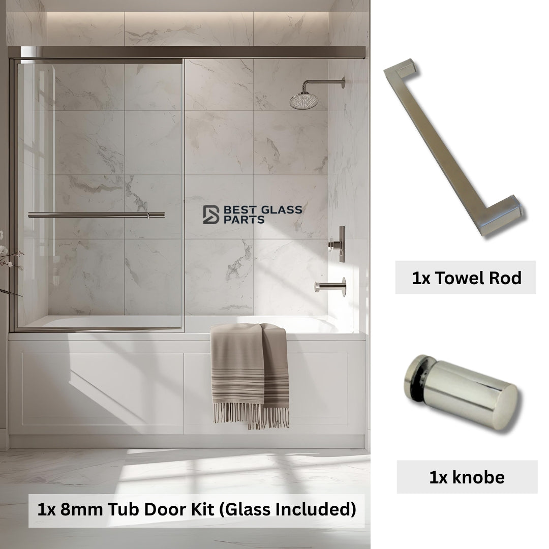 Chrome round 8mm glass tub door kit by Best Glass Parts, includes full set with panels and hardware for a bathroom renovation.