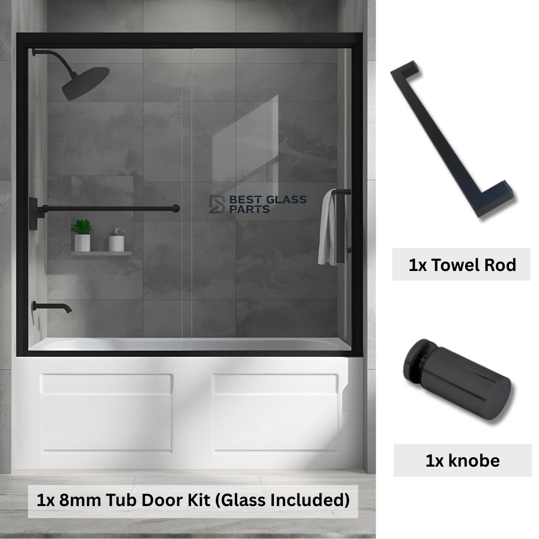 Chrome round 8mm glass tub door kit by Best Glass Parts, includes full set of glass and hardware for a sleek bathroom update.