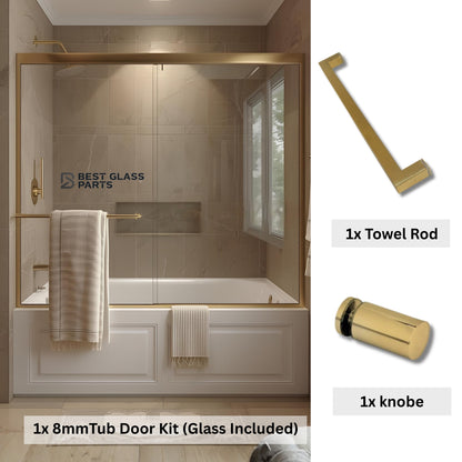 Chrome round 8mm glass tub door kit by Best Glass Parts, includes full set of hardware and clear glass panels.