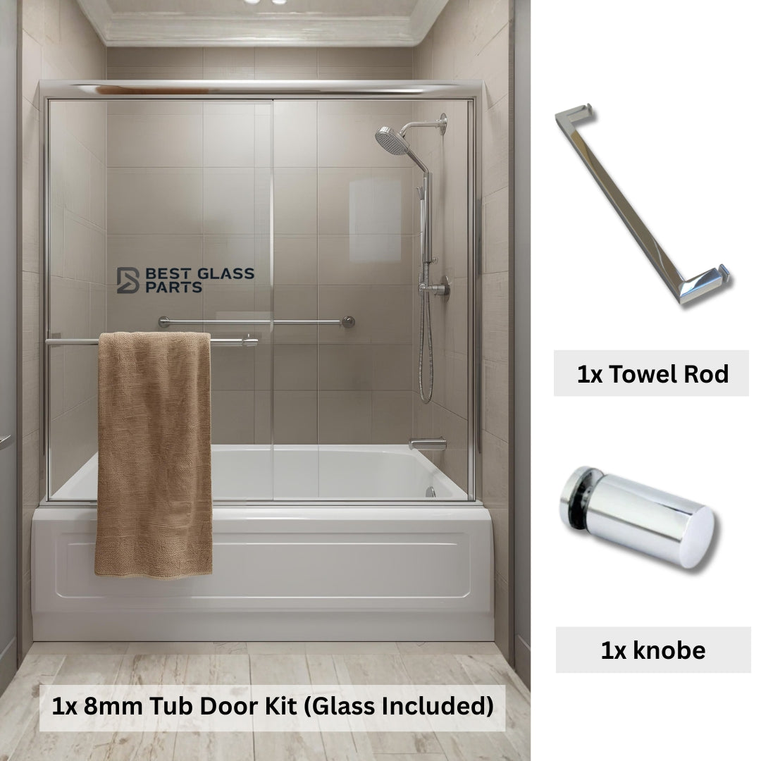Chrome 8mm glass tub door kit with round hardware, includes full set of glass and fittings from Best Glass Parts.