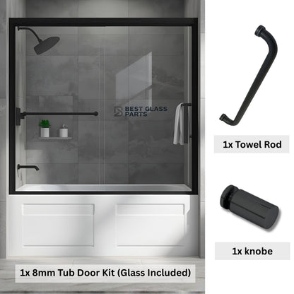 Chrome 8mm glass tub door kit from Best Glass Parts with round hardware, includes full set of glass panels and fittings.