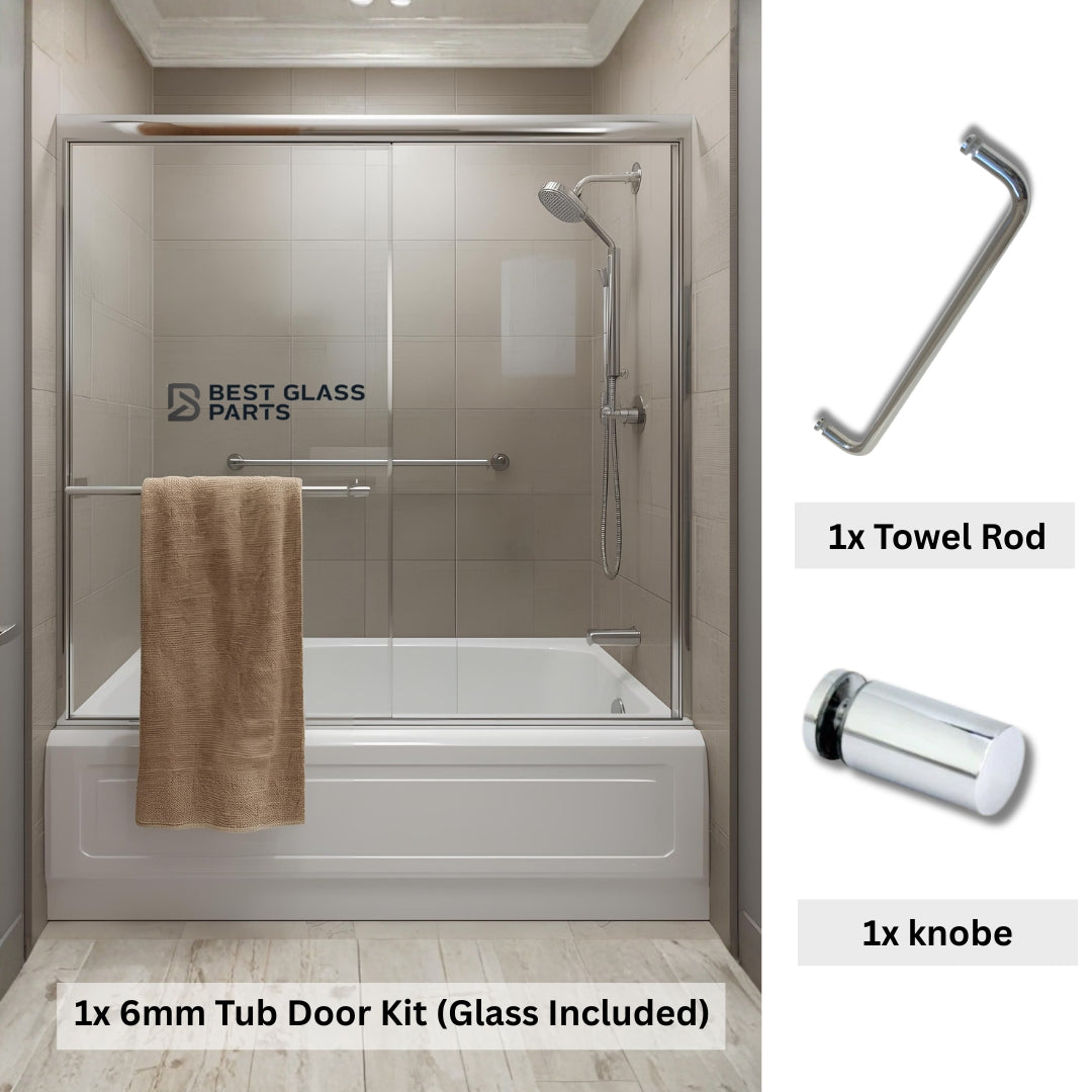 Chrome round 8mm glass tub door kit by Best Glass Parts, includes full set with glass panels and hardware for installation.