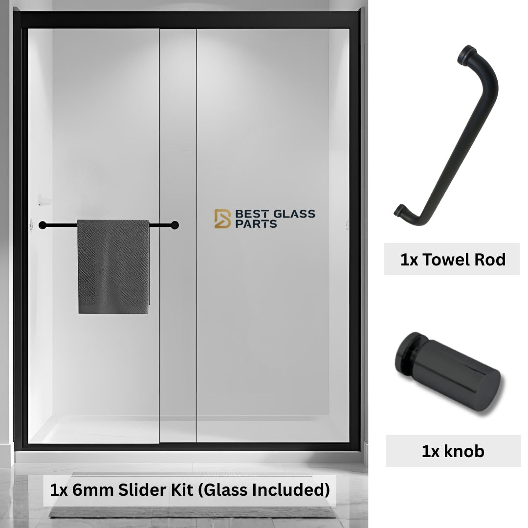 Black 6mm sliding shower door full set with round hardware by Best Glass Parts, includes rollers and frame components.