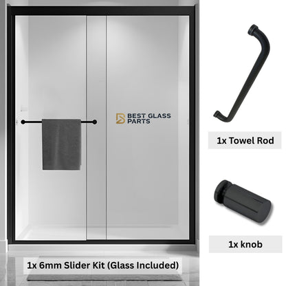 Black 6mm sliding shower door full set with round hardware by Best Glass Parts, includes rollers and frame components.
