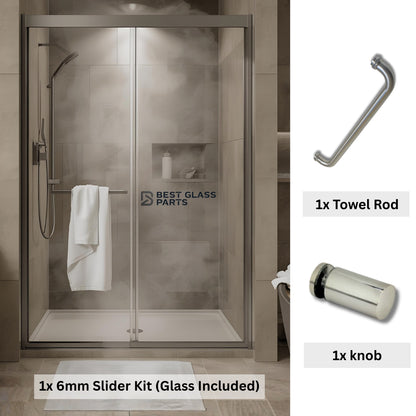 6mm sliding shower door full set with brushed nickel finish, includes rollers, tracks, and hardware for easy installation.