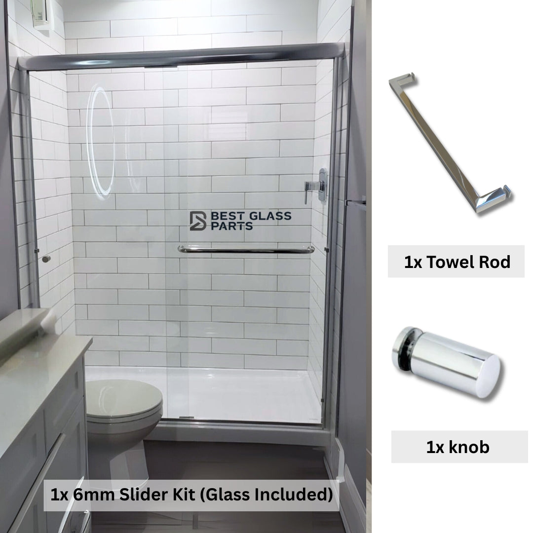 Chrome square 6mm sliding shower door full set by Best Glass Parts, includes rollers, tracks, and hardware for easy installation.