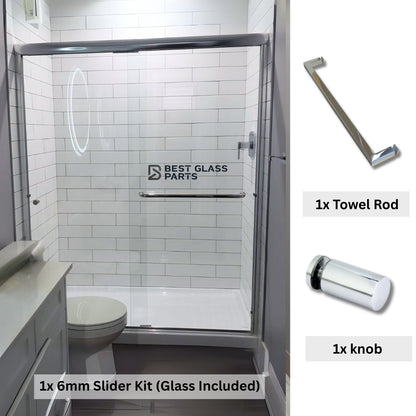Chrome square 6mm sliding shower door full set by Best Glass Parts, includes rollers, tracks, and hardware for easy installation.