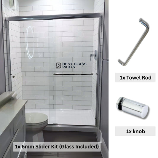 Chrome round 6mm sliding shower door full set from Best Glass Parts, includes all components for installation.