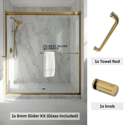 6mm sliding shower door full set with gold round hardware by Best Glass Parts, including rollers and frame components.