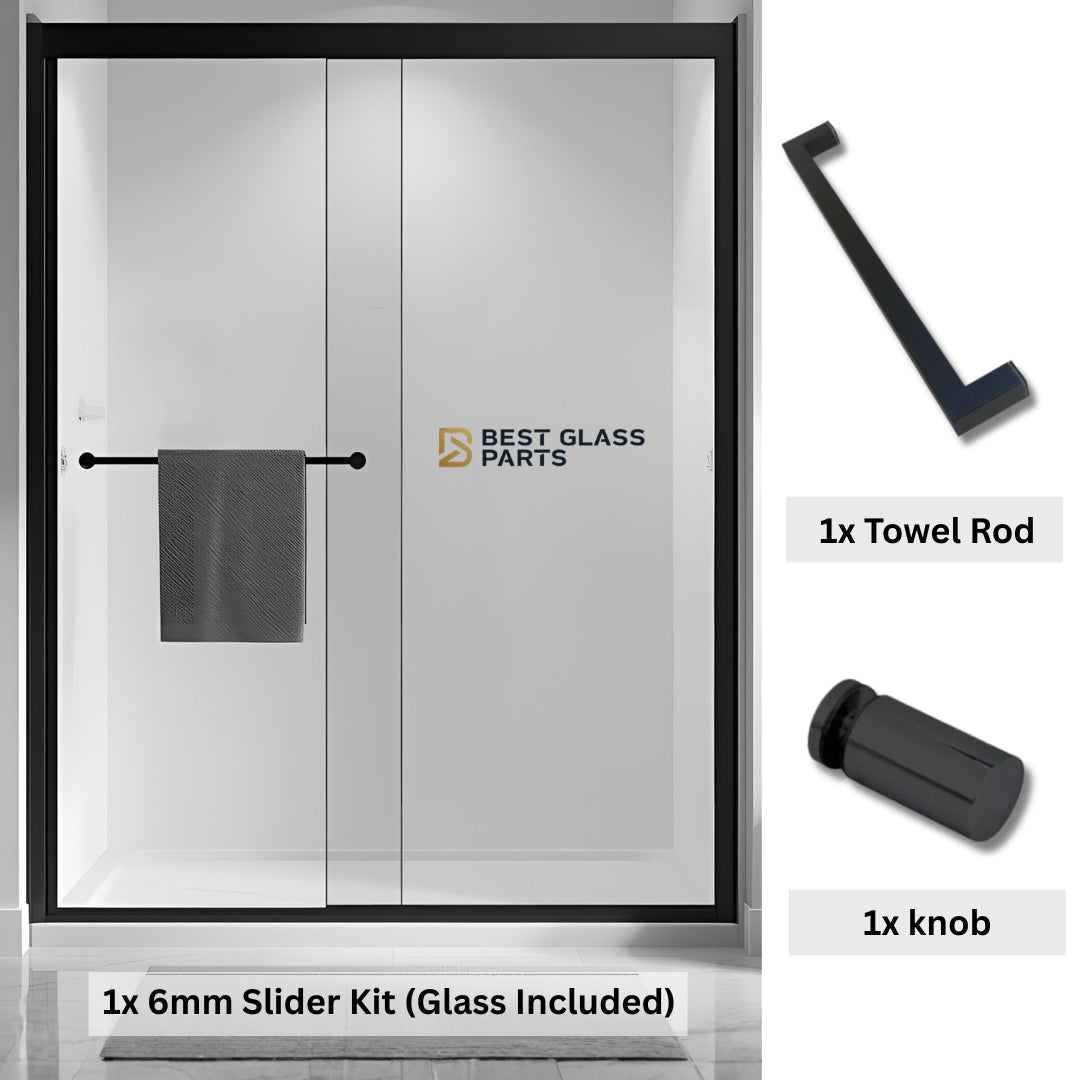 Black 6mm sliding shower door full set from Best Glass Parts, includes tracks, rollers, and hardware for easy installation.
