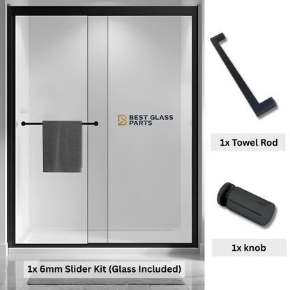 Black 6mm sliding shower door full set from Best Glass Parts, includes tracks, rollers, and hardware for easy installation.