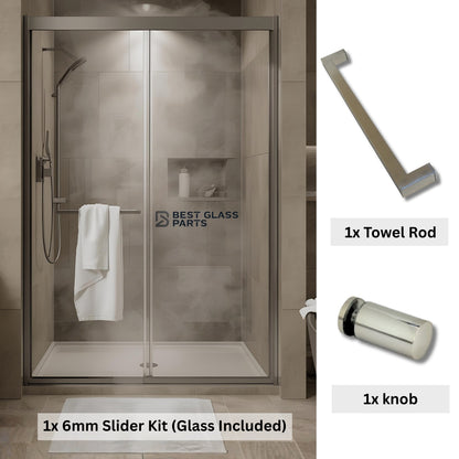 Brushed nickel 6mm sliding shower door full set with square hardware from Best Glass Parts, featuring glass panels and hardware.