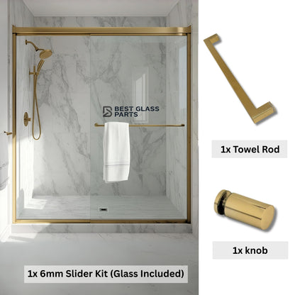 6mm sliding shower door full set with square gold hardware, including rollers and frame components, by Best Glass Parts.