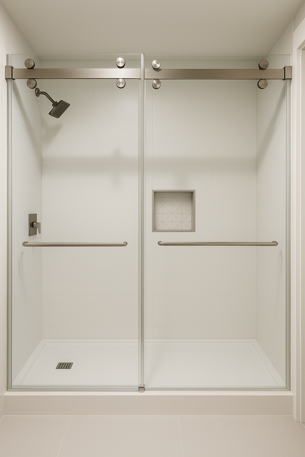 Brushed nickel Crystal Wave full set double roller door hardware by Best Glass Parts, showcases sleek, modern design.