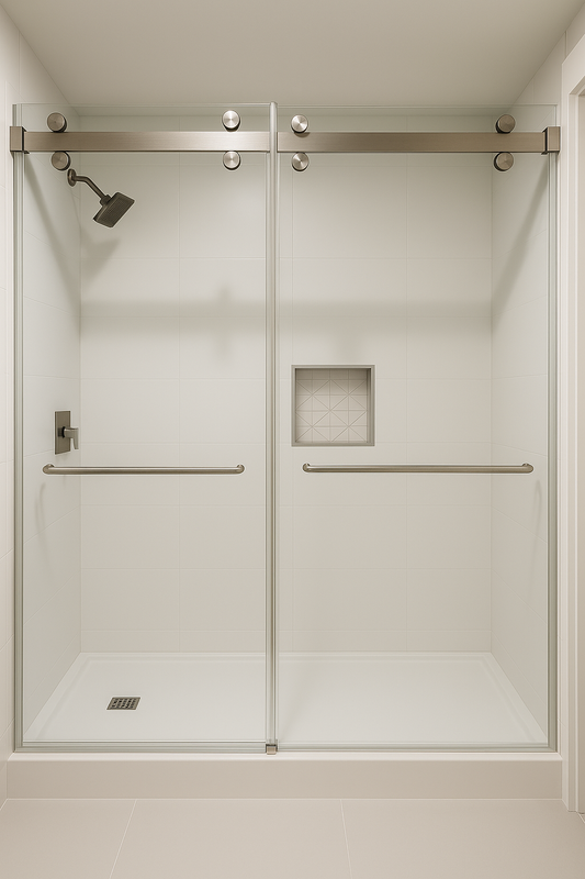 Chrome Crystal Wave Full Set with Double Roller for glass shower doors, by Best Glass Parts, includes rollers and mounting hardware.