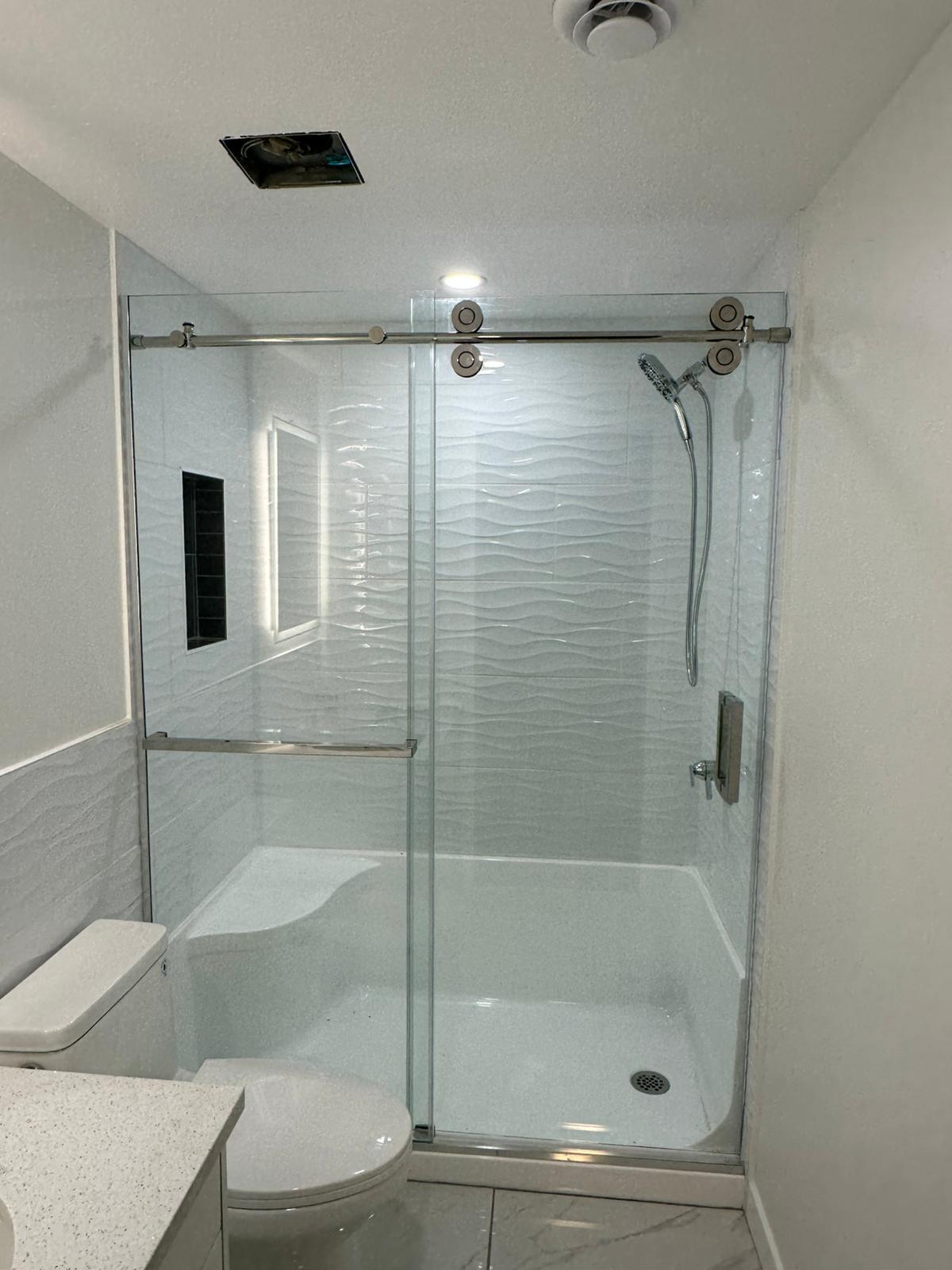 Chrome Prism Pulse full glass set by Best Glass Parts, featuring round 48 x 80-inch glass panels for display or installation.