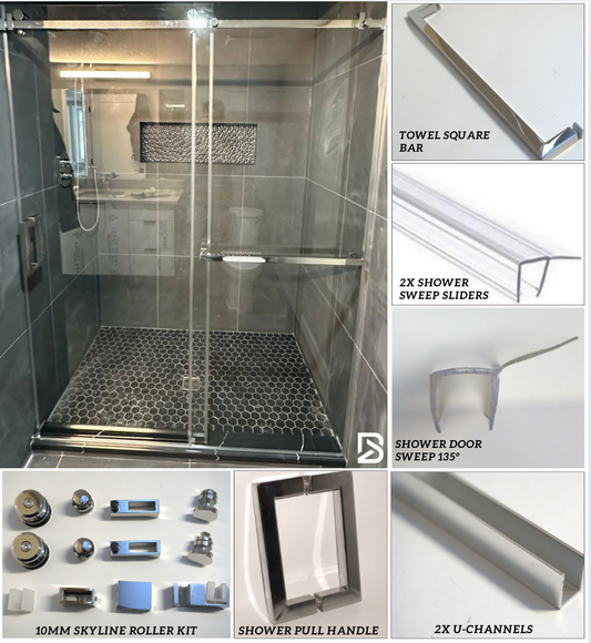 Chrome 10mm Skyline Roller Full Set by Best Glass Parts, includes round glass kit for sliding doors or windows.
