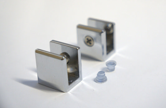 Chrome showcase shelf bracket for 10mm square glass, designed by Best Glass Parts, with a sleek and sturdy square support.