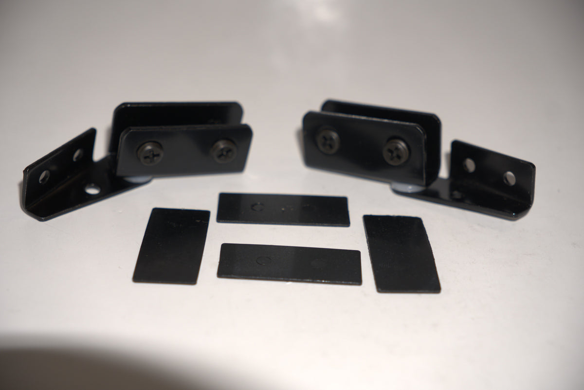 Showcase side mount hinges for glass doors, top and bottom, by Best Glass Parts, featuring sturdy metal construction and precise fit.