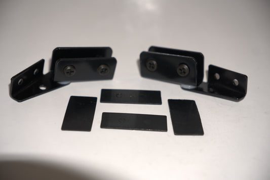Showcase side mount hinges for glass doors, top and bottom, by Best Glass Parts, featuring sturdy metal construction and precise fit.