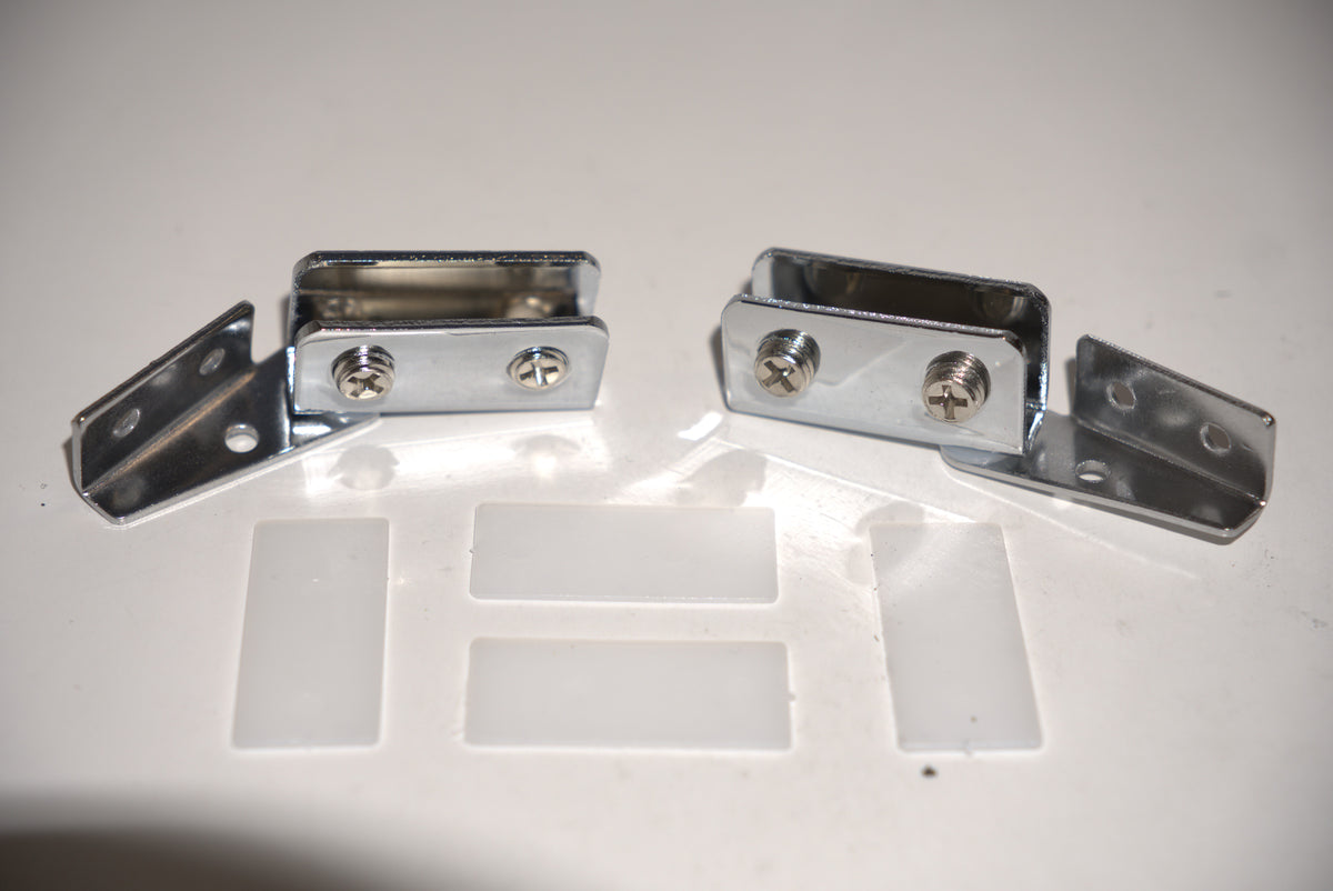 Showcase side mount hinges for top and bottom glass panels, featuring durable metal construction from Best Glass Parts.