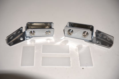 Showcase side mount hinges for top and bottom glass panels, featuring durable metal construction from Best Glass Parts.